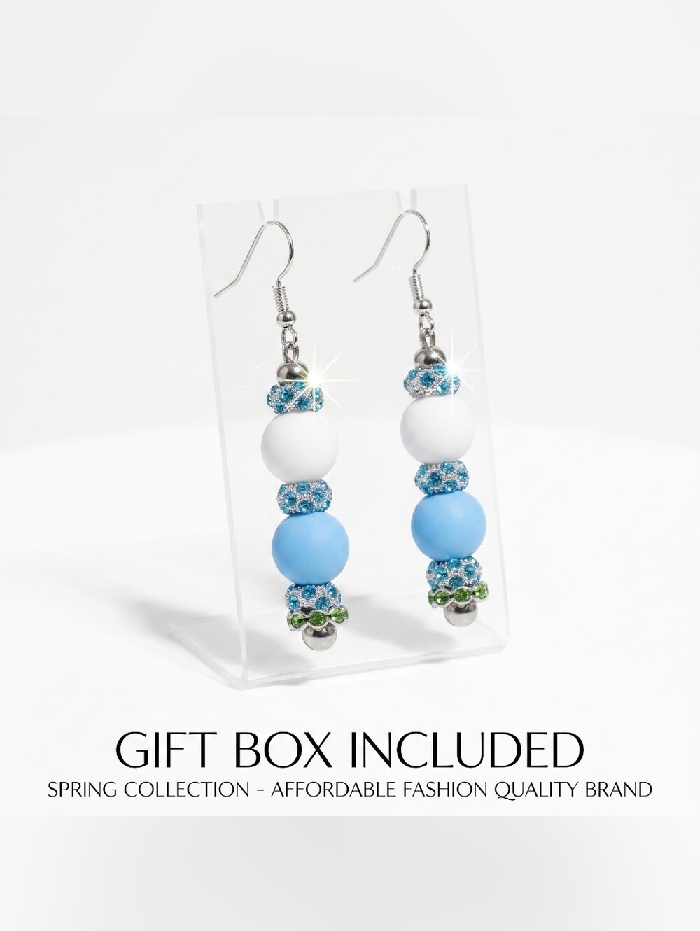 Blue & White Rhinestone Beaded Drop Earrings - 925 Sterling Silver Hook Earrings - Picture 5 of 11